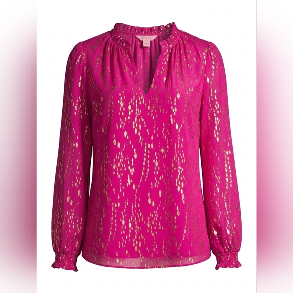 Lilly Pulitzer Pink Topaz Silk Metallic Gold Ruffle V-Neck Blouse Large - Picture 2 of 7